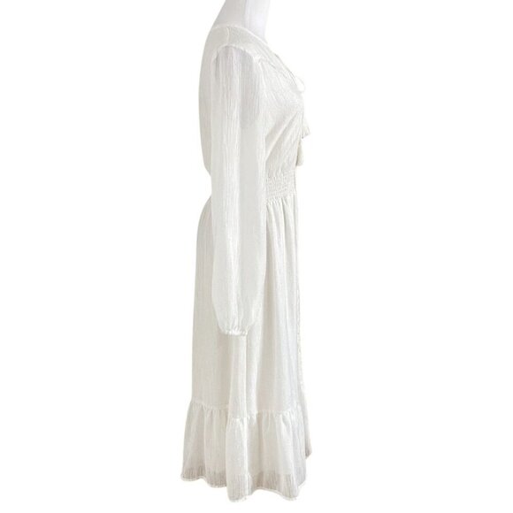 LOST + WANDER WHITE TEXTURED BUTTON FRONT SMOCKED WAIST TASSEL MAXI DRESS - S - Picture 2 of 10